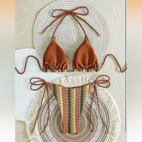 ZAFUL Women's Stripes Triangle Halter Tied Cheeky Thong Bikini Set Coffee M/0223 - Picture 3 of 5